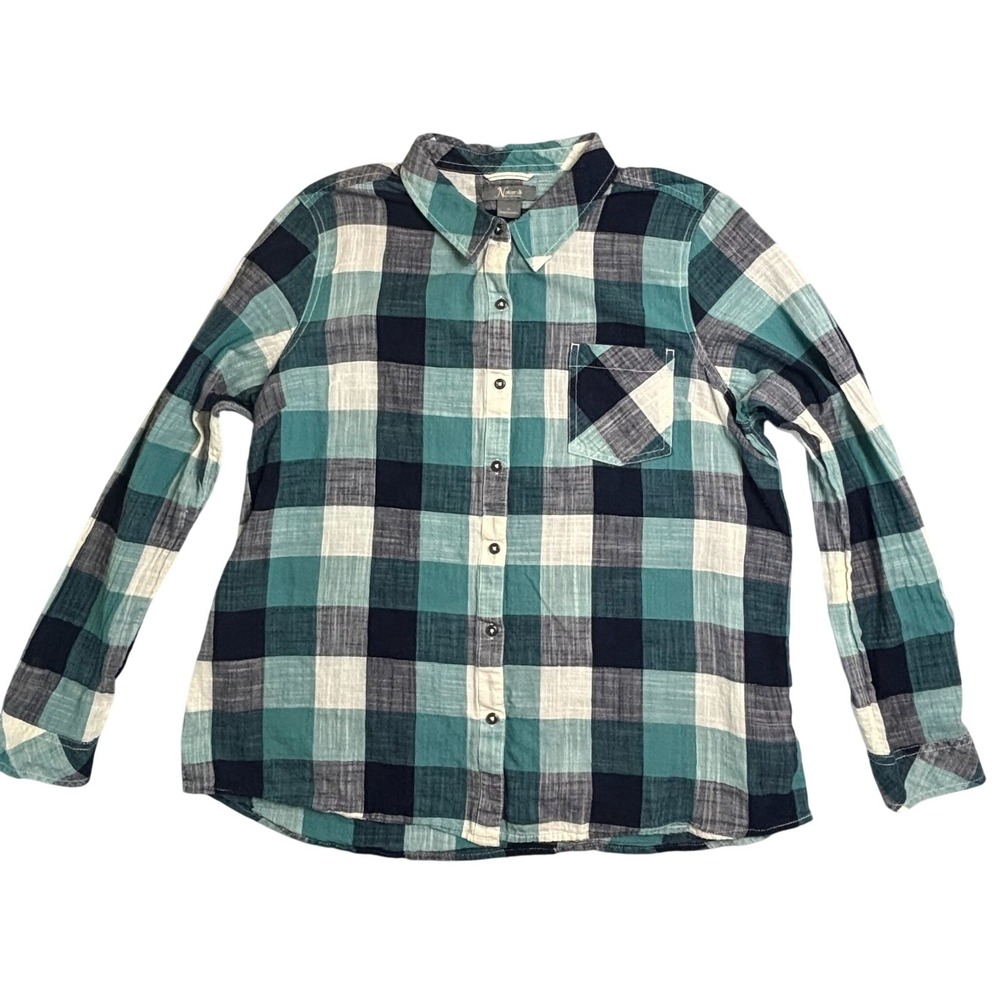 Natural Reflections Shirt Womens Sz XL Button Down Teal Plaid Long Sleeve Cotton
